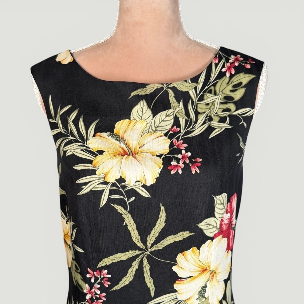 Tommy Bahama Silk Shift Dress Womens 6 Black Tropical Hibiscus Floral Hawaiian - Picture 2 of 15